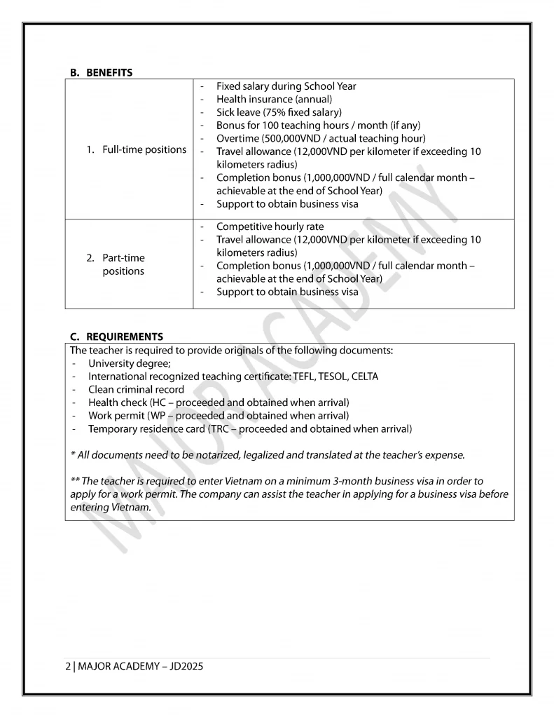 Job description page 2 for Native English Teachers at Major Academy
