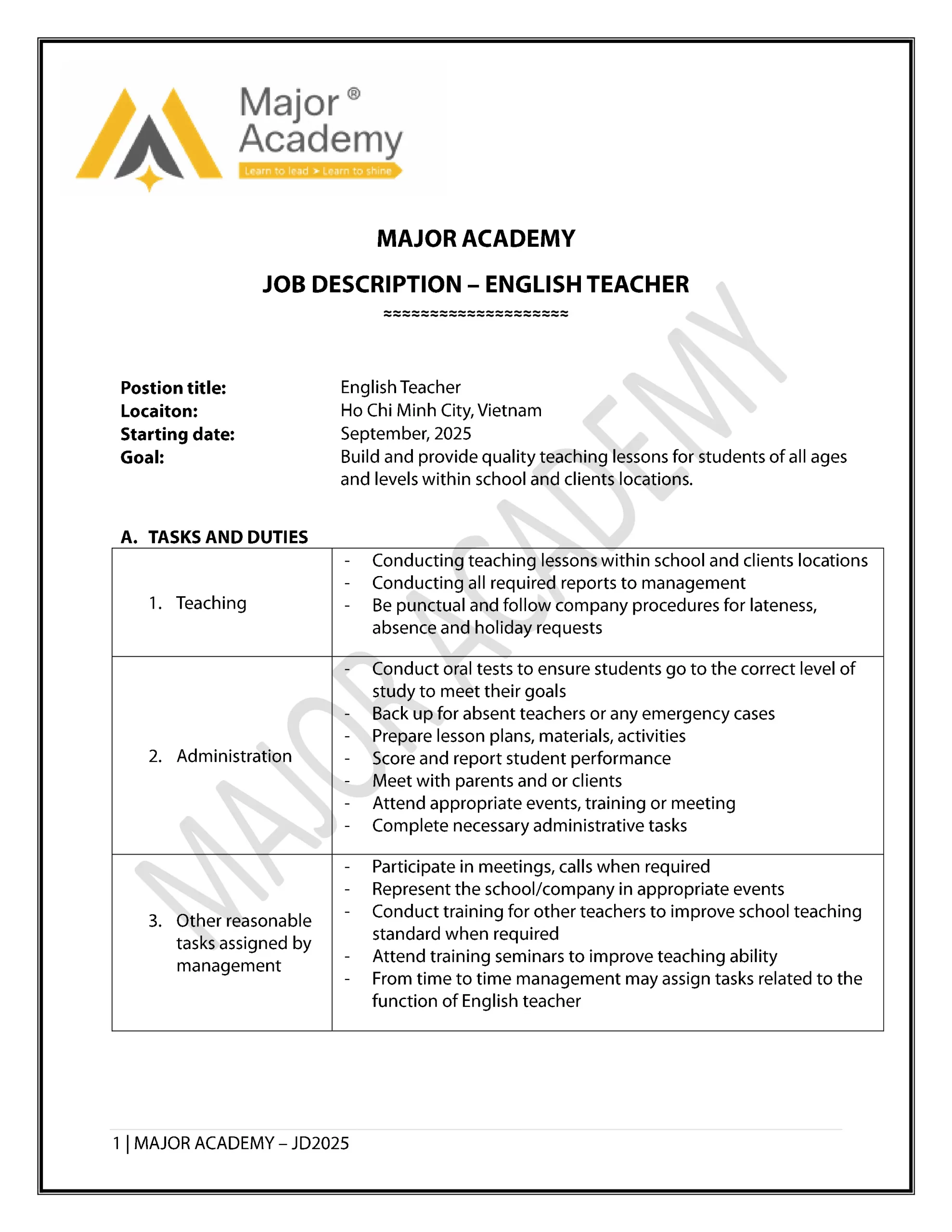 Job description page 1 for Native English Teachers at Major Academy
